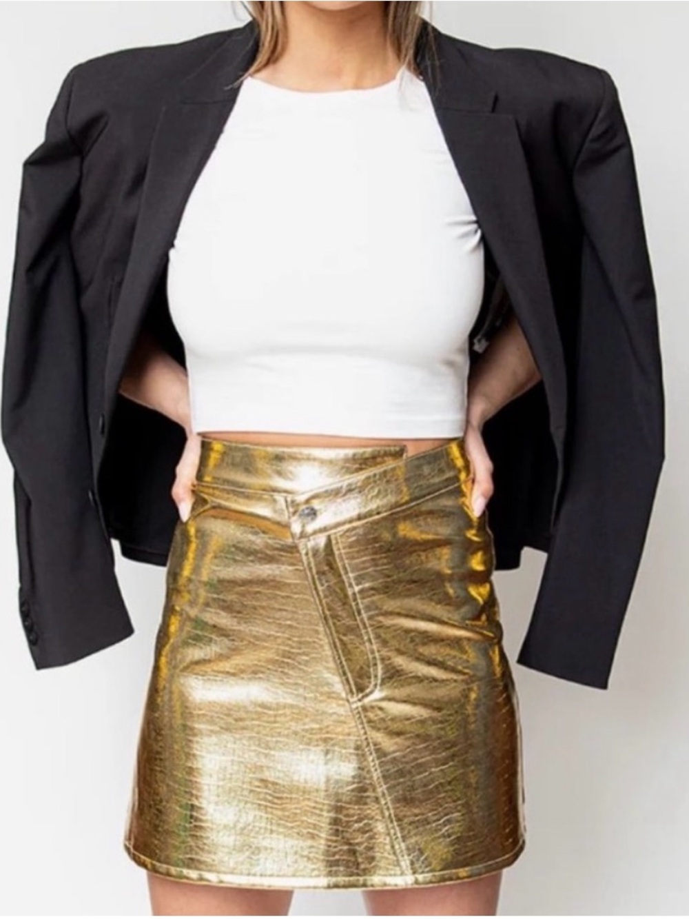 Ronny Kobo Metallic Gold Croc-Embossed Mini Skirt